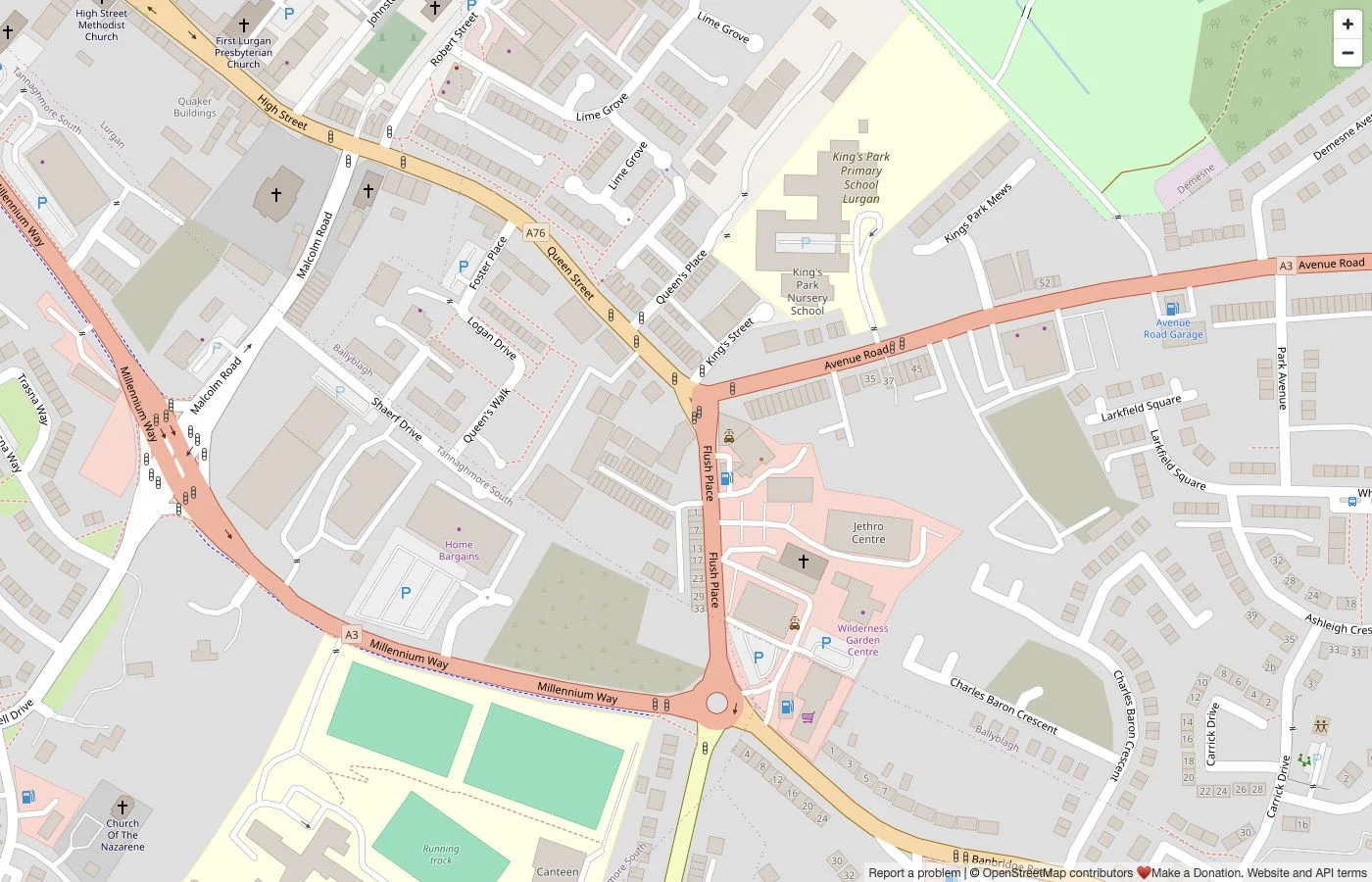 Street map centred on BodyFit Gym at 87-89 Queen Street in Lurgan