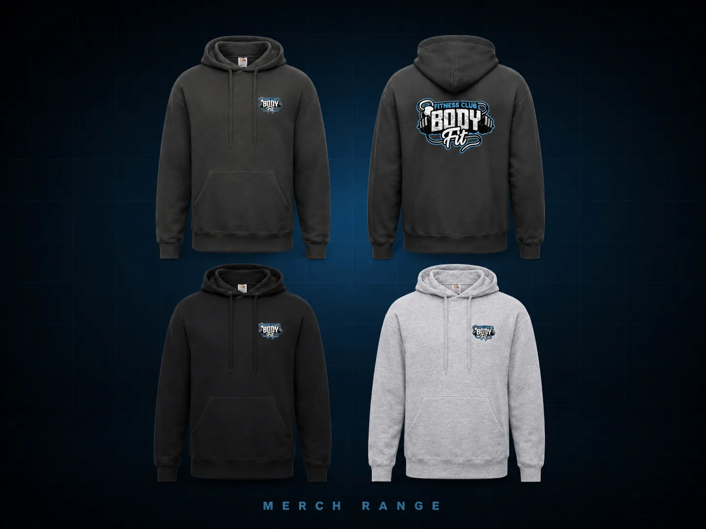 BodyFit hoodie colour range showing graphite, black, and heather grey options