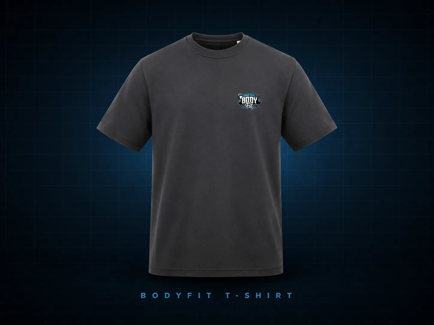 BodyFit black T-shirt showing front chest logo and back print