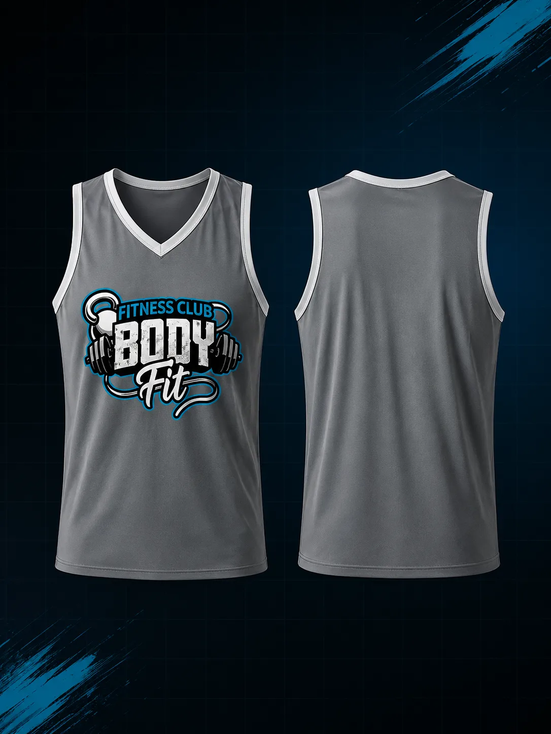 BodyFit grey vest top showing front logo and back view