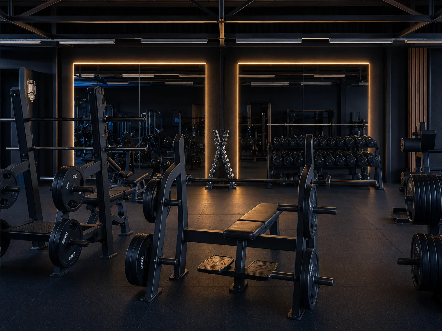 Plate-loaded strength equipment and benches inside BodyFit